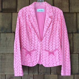 Beth Bowley pink eyelet blazer with bow pockets and details, size 2